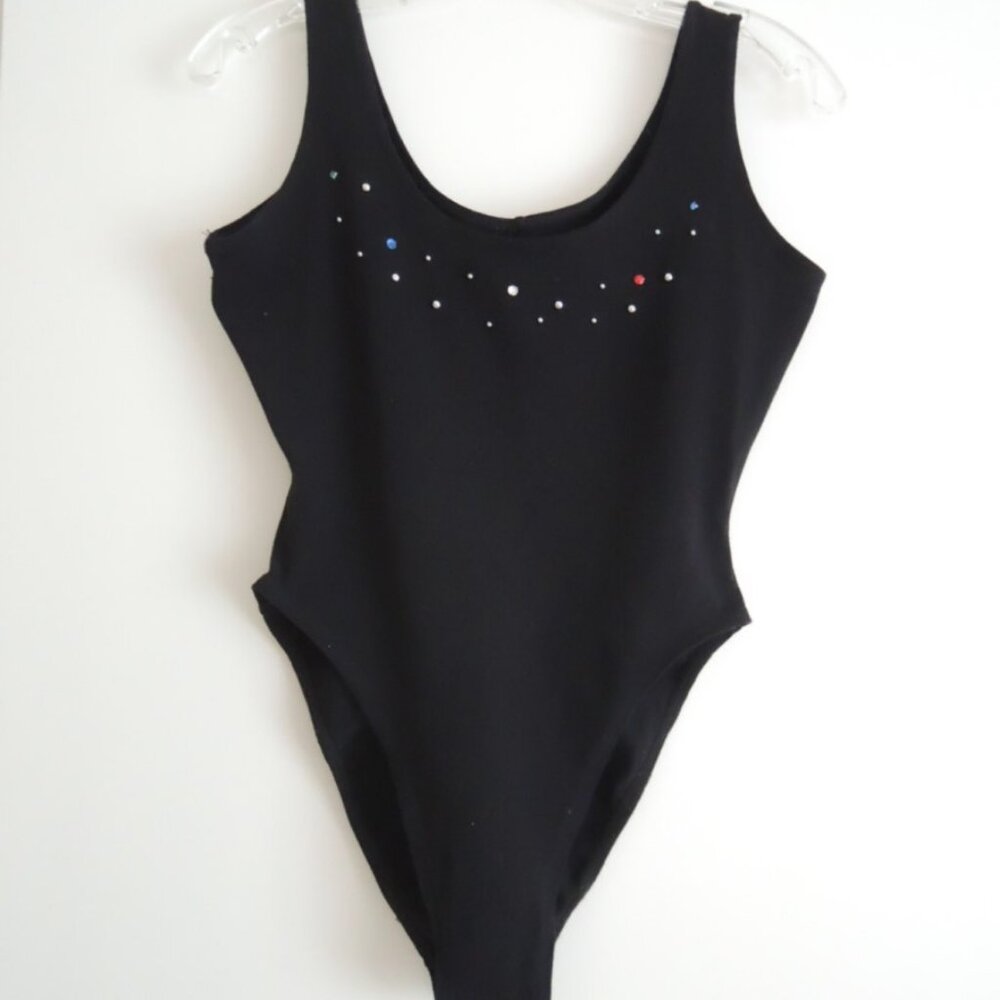 Ladies Leotard Size M Black Jeweled Tank Style Hi Cut Leg Stretch Exercise Wear